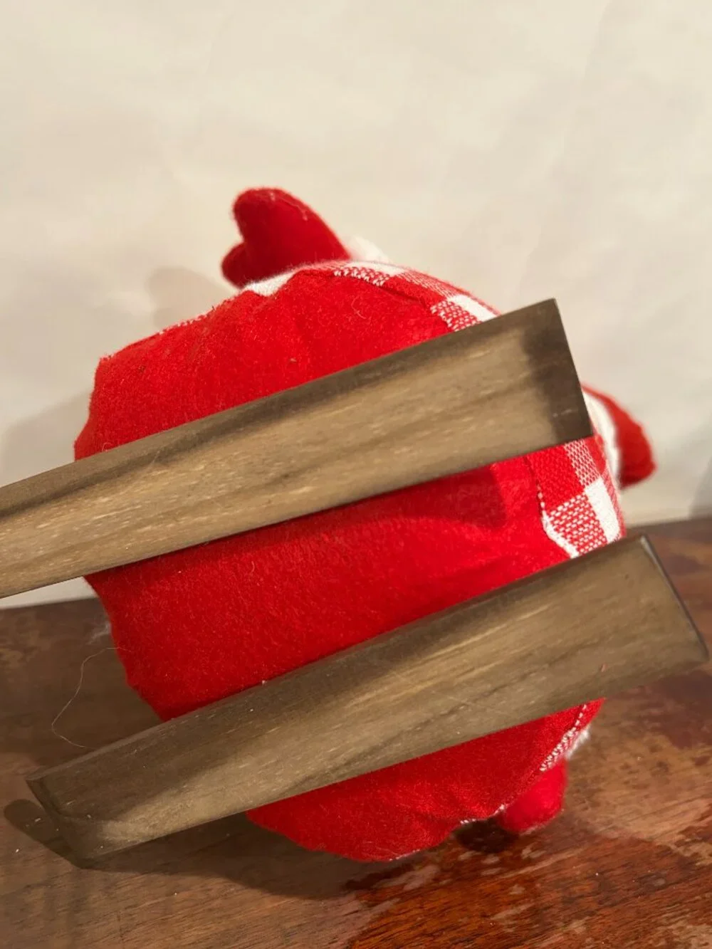 Christmas Holiday Gnome with red knit cap, red plaid torso, wispy white beard